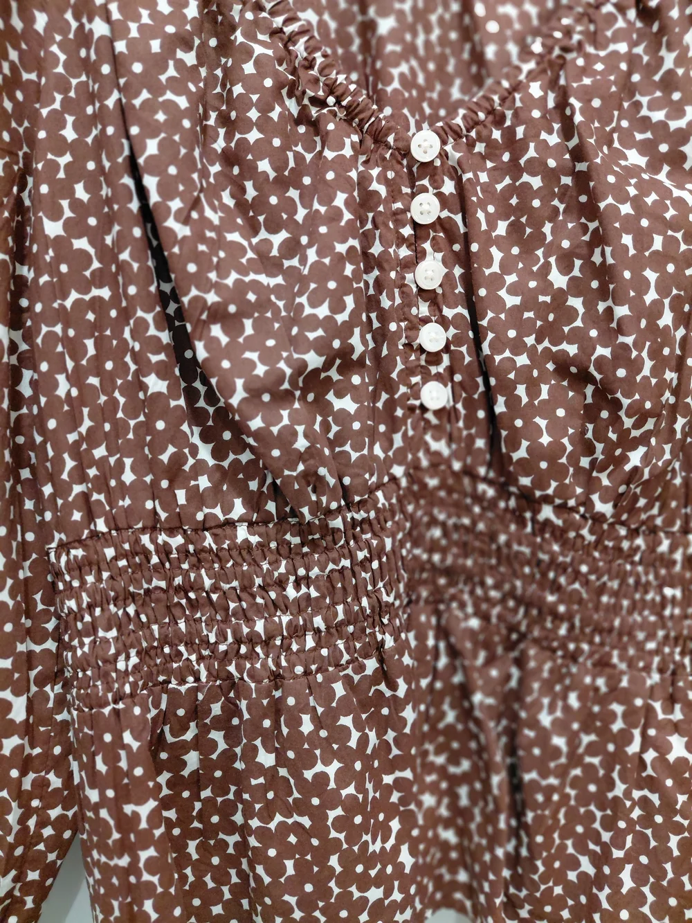 J. Crew Brown and White Printed Smocked Peasant Blouse #0958